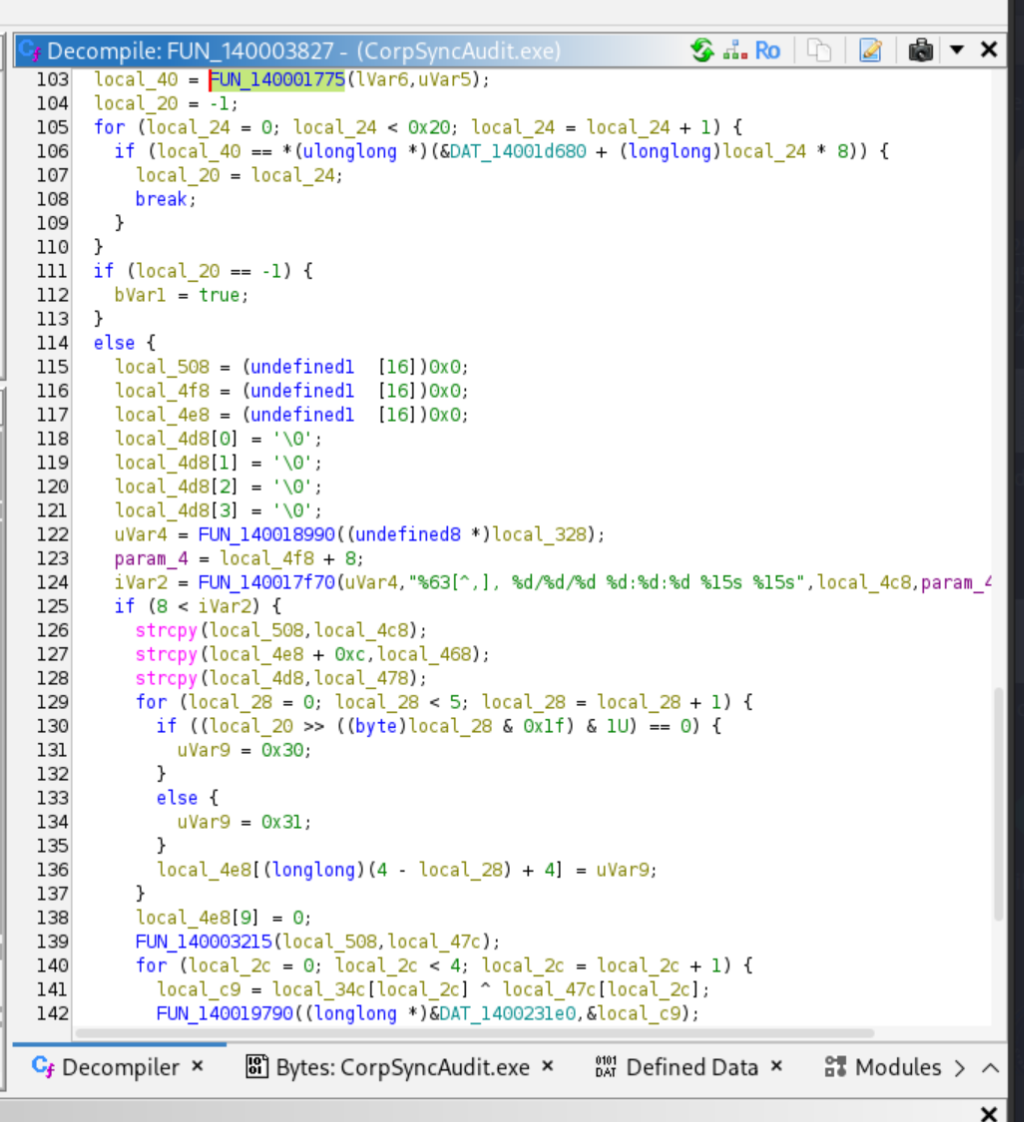 Ghidra decompiler showing region hash lookup and timestamp transformation
